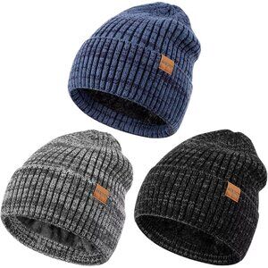 Unisex  Mix Black Blue Warm Fleece-Lined Knit Beanie Skull Cap for Cold Weather